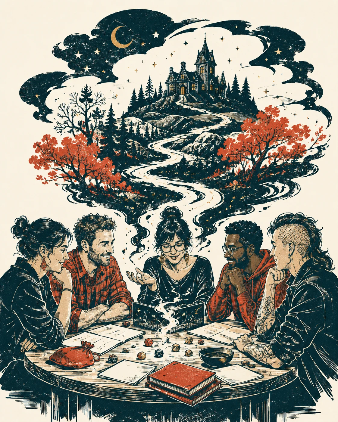 Five friends around a tabletop, their shared story winding through a forest to a mysterious manor.